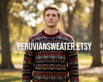Peruvian Alpaca Wool Fair Isle Sweater, Relaxed Fit (L)