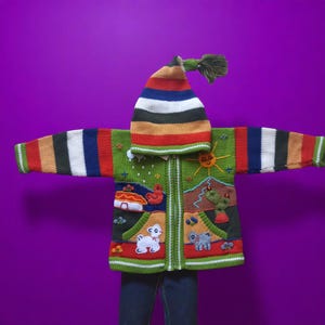 Green Peruvian bright color sweaters, childs knitted bright colour cardigan , Peru sweater for kid, Peruvian cardigan, toddler Peru sweater
