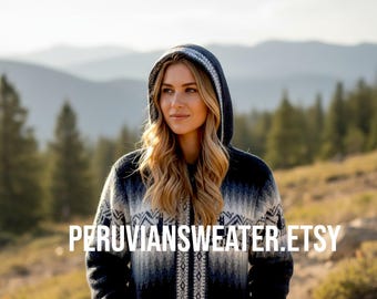 Navy Blue Alpaca Wool Hoodie: Peruvian Zip Sweater