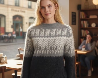 Fair Isle Alpaca Sweater, Grey Peruvian Wool Pullover, Size S