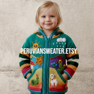 Sudadera con capucha peruana para niños, tejida a mano, suéter de lana acrílica bordado