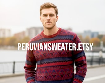 Red Alpaca Wool Sweater, Peruvian Pullover, Geometric Design