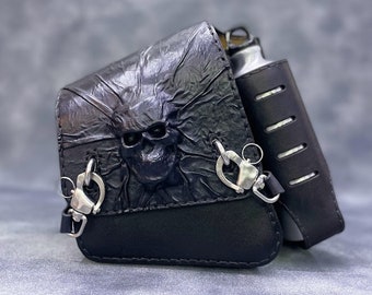 Handmade Vegetal Leather Motorcycle Bag, Skull Embossed Harley Sportster Bag
