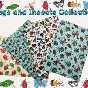 May include: Four fabric squares featuring various insect and bug designs. The patterns include ladybirds, butterflies, snails, caterpillars, and beetles. The fabric squares are labelled "Bugs and Insects Collection".