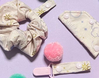 Celestial Clouds and stars (white), Tubie Scrunchie, Port Cover and Tubie Clip for Feeding Tubes and other medical devices