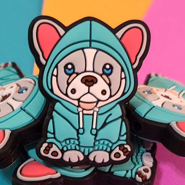 Frenchie Puppy in Blue Hoodie Silicone Focal Bead French Bulldog
