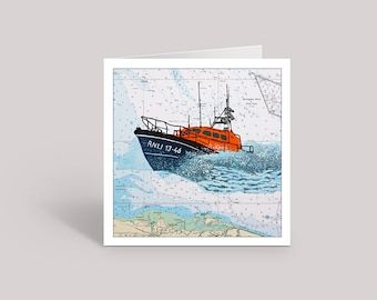 Linocut design greeting card - Wells Lifeboat in nautical chart, 148mm square with envelope.