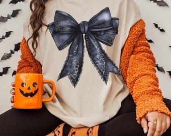 Halloween Coquette Bow PNG Tshirt Sublimation Design Gothic Bow PNG Retro Halloween PNG Alt Goth Bow Girly Coquette Bow Black Bow png
