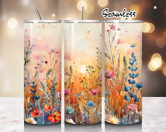 Aquarell-Wildblumen-Sonnenuntergangsmotiv – Becher-Etui-Set (20 oz) – PNG-Datei – Nahtloses Sublimationsdesign – Digitaler Download