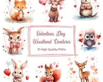 Watercolor Valentines Woodland Animals Clipart, PNG Bundle