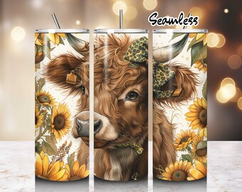 Highland Cow zonnebloem beker wrap, boho sublimatie ontwerp (digitale png-download)