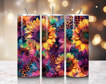 Solrosor Tumbler Designs Tie Die Leopard 20oz Small Tumbler Wrap Sömlös Glitter Tumbler Mall PNG Digital Nedladdning Solros Wrap