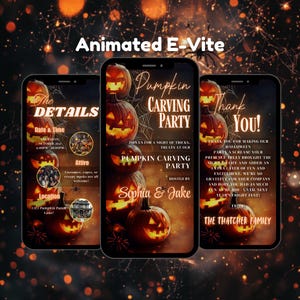 May include: Animated e-vite for a pumpkin carving party. The invitation features a stack of three jack-o'-lanterns with glowing eyes and a spooky background. The text reads "Pumpkin Carving Party" and "Sophia & Jake".