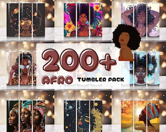 May include: A collage of 200+ colorful tumbler designs featuring African American women with various hairstyles and backgrounds. The text "200+ Afro Tumbler Pack" is displayed in the center of the image.