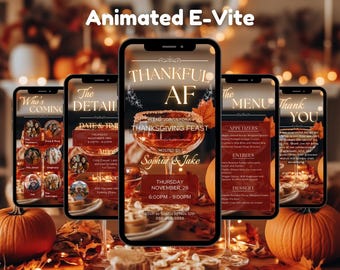 Digitale dankbaar AF dineruitnodiging Thanksgiving diner uitnodiging canva sjabloon pompoenfeest Thanksgiving 2024 DIY Thanksgiving-menu