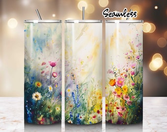 Diseño de acuarela de flores silvestres al atardecer para vaso de 20 oz, diseño de sublimación PNG para vaso delgado.