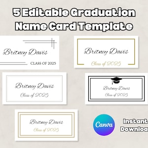Paquete de 5 plantillas editables para tarjetas de nombre de graduación, imprimibles, para la clase 2025, descarga de plantillas para tarjetas de nombre de graduados.