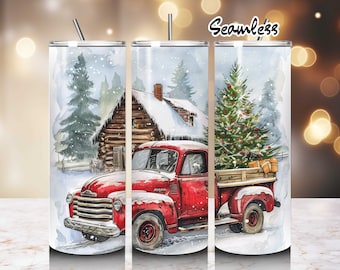 Kerst pick-up truck met sneeuw en kerstboom Tumbler ontwerpen, rechte skinny Tumbler Wrap PNG, 20oz sublimatie ontwerpen