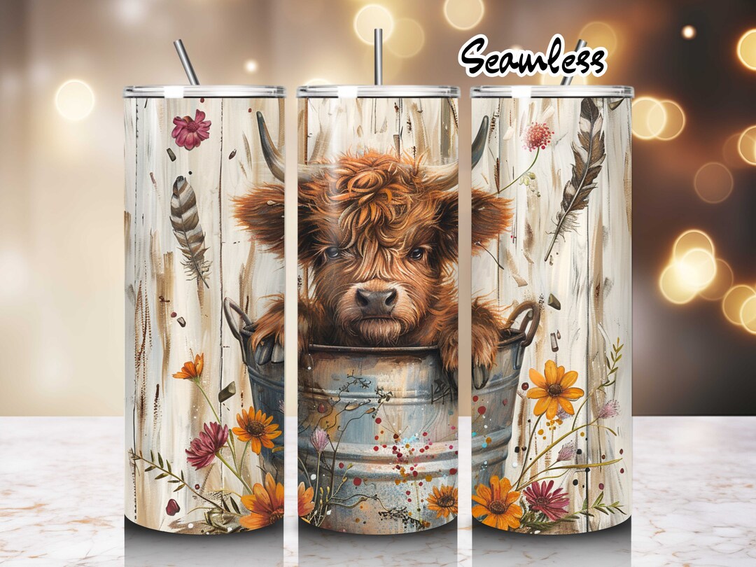 Cute Baby Highland Cow in a Bucket Tumbler Wrap Straight Skinny Tumbler ...