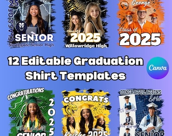 May include: Twelve editable graduation shirt templates featuring a variety of designs with different colors and graphics. The designs include a lightning bolt, a graduation cap, and a school mascot. The text on the shirts includes "Class of 2025", "Senior", and "Congratulations".