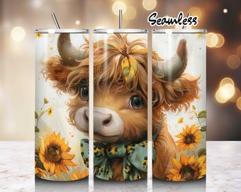 Tumbler wrap baby Highland Cow zonnebloem, 20 oz sublimatieontwerp (digitale download)