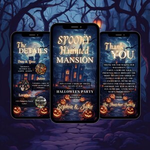 Peut inclure: Une invitation à une fête d'Halloween avec une illustration d'un manoir hanté effrayant. L'invitation indique la date, l'heure, le lieu, la tenue vestimentaire et les hôtes, Sophia & Jake. Le texte indique "Spooky Haunted Mansion" et "Halloween Party".
