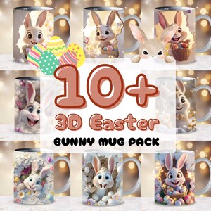 Puede incluir: Un conjunto de más de 10 tazas de conejito de Pascua 3D. Las tazas presentan un fondo blanco con un conejito de Pascua 3D que asoma de un huevo roto. Los conejos sostienen cestas de huevos de Pascua coloridos. El texto "10+ 3D Easter Bunny Mug Pack" se muestra en la imagen.