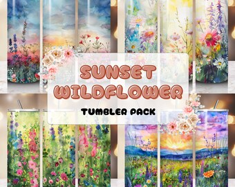 Wikkelbundel aquarel wilde bloemen zonsondergang beker (digitale download)