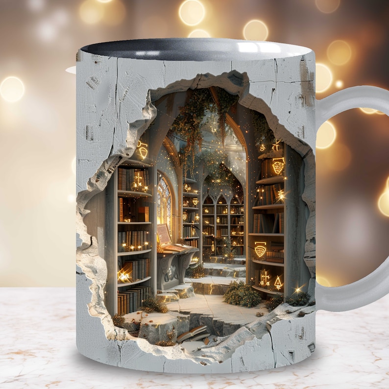 Op de afbeelding: Een witte keramische mok met een gebroken muurontwerp dat een magisch bibliotheekinterieur onthult. De bibliotheek heeft boekenkasten vol boeken, een houten tafel en een gloeiende lichtbron. De mok heeft een handvat aan de rechterkant.