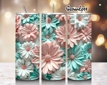 3D madeliefjes bloemen 20oz beker omslag png-sublimatieontwerpen, 3D roze wit groenblauw bloemen beker omslag, png bloemenprintpatroon beker, png
