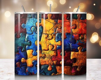 Autism Awareness Tumbler Wrap Cracked Puzzle Design 20oz Skinny Tumbler Sublimation Design PNG Digital Download