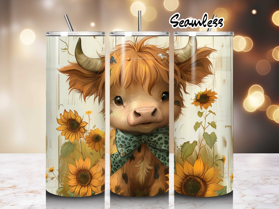 Cute Baby Highland Cow Sunflower Tumbler Wrap Straight Skinny Tumbler ...