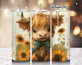 Schattige Baby Highland Cow Zonnebloem Tumbler Wrap Rechte Skinny Tumbler Wrap PNG, 20oz Sublimatie Ontwerpen, Boho Koe Bloem Digitale Download