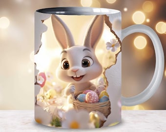 May include: White ceramic mug with a color-changing design. The mug features a cartoon bunny holding a basket of colorful Easter eggs. The background is a sunny meadow with flowers.