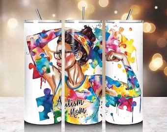 Autism Mom Autism Awareness Puzzle Mom 20oz Skinny Tumbler Autism Tumbler Wrap Awareness Design Autism Awareness Puzzle Pattern Design