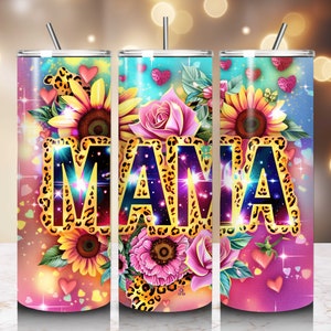 Sunflower Mama 20oz Skinny Tumbler Mom Tumbler Wrap Mother's Day Tumbler Wrap Sublimation Design Leopard Print Mom Digital Download Wrap