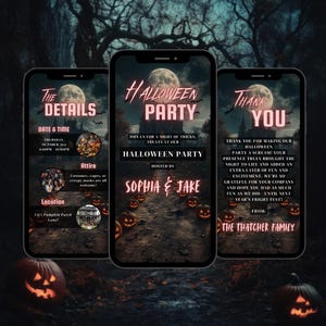 Peut inclure: Une invitation à une fête d'Halloween avec un arrière-plan effrayant d'un château et de citrouilles. L'invitation est pour une fête organisée par Sophia & Jake le jeudi 3 octobre de 18h00 à 23h00. Le lieu est 1313 Pumpkin Patch Lane. L'invitation encourage les invités à porter des costumes, des capes ou des masques effrayants.