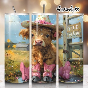 Cute Baby Highland Cow Cowgirl Tumbler Wrap Straight Skinny Tumbler Wrap PNG, 20oz Sublimation Designs, Cow Flower Digital Download