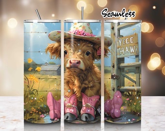 Schattige baby Highland Cow Cowgirl Tumbler Wrap Straight Skinny Tumbler Wrap PNG, 20oz sublimatieontwerpen, koebloem digitale download