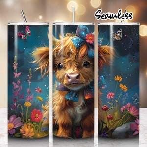 Cute Baby Highland Cow Galaxy Tumbler Wrap Straight Skinny Tumbler Wrap PNG, 20oz Sublimation Designs, Cow Flower Digital Download
