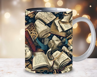 Fantasie mythisch middeleeuws boek mok wrap 3D sublimatie 3D boek mok wrap boek minnaar 11oz en 15 oz mok ontwerp gezellige mok, 11oz mok PNG 15oz