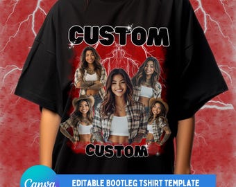 May include: Black bootleg t-shirt template with a customizable design featuring a collage of women's faces. The text "CUSTOM" appears twice on the shirt. The shirt is on a model against a red background with lightning bolts.
