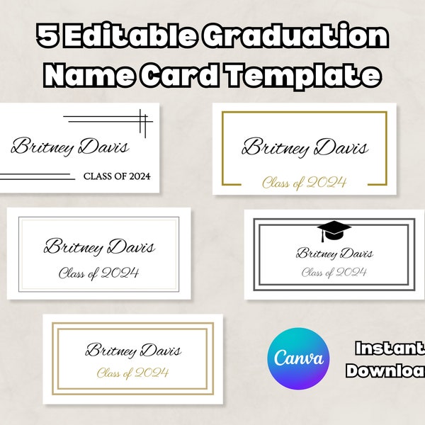 Lot de 5 modèles de cartes de visite modifiables pour l'obtention du diplôme, imprimables pour la promotion 2024 Modèle de cartes de visite pour les diplômés à télécharger