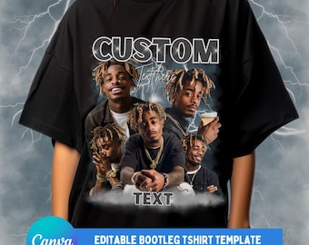 Może przedstawiać: Czarny T-shirt z kolażem zdjęć młodego mężczyzny z dredami. Tekst "CUSTOM" znajduje się na górze koszulki, a "TEXT" na dole. Koszulka jest edytowalnym szablonem bootlegowej koszulki.