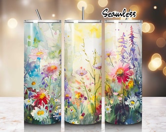Diseño de acuarela de flores silvestres al atardecer para vaso de 20 oz, diseño de sublimación PNG para vaso delgado.