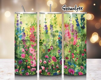 Diseño de acuarela de flores silvestres al atardecer, vegetación, flores, vaso delgado de 20 oz, sublimación, descarga digital PNG