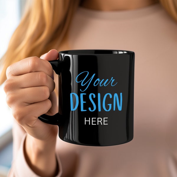 Black Mug Mockup | Digital Download PNG & Instructions | Woman Holding Black Mug Mockup 11oz Mug Mockup POD Mock up Coffee Mug Mockup Hands