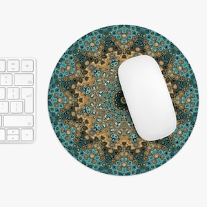Trippy Mandala Brown Teal Mouse Pad, Round Mousepad, Psychedelic Meditation Home Decor, Spiritual Gift, Yoga Lover Gift, Mystical Design