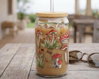 Retro Mushroom Iced Coffee Tumbler, Groovy Cottagecore Cup, 16oz Glass Can, Hippie Aesthetic, Mushroom Lover Gift, Boho Vintage Drinkware