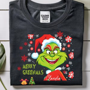 Personalized Christmas T-shirt with a mischievous green character - family design with name - for a gift or pajama set - Christmas green